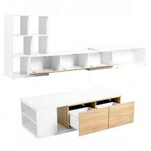 ON-TREND 74.8''-126'' Adjustable Extendable TV Stand With 3-Tier Bookshelves, Sliding Tabletop Media Console For TVs Up To 110'', Modern Entertainment Center With Storage Cabinets And Open Shelves, Durable MDF Construction, White And Wood Tone Finish, Perfect For Living Room Décor, Christmas Decorations, Christmas Gifts, And Home Organization,Good Furniture