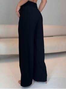 Women's Elegant Wide Leg Pants With Pocket - Black - View 3
