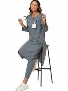 cimmuovere 阿拉伯风格长袍/卡夫坦/卡夫坦/库尔塔，宽松圆领落肩上衣，带蕾丝花边和松紧腰带裤子，4 口袋/护理/牙科/医疗保健/宠物医院手术制服 - 灰色 - 查看 7