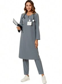 cimmuovere 阿拉伯风格长袍/卡夫坦/卡夫坦/库尔塔，宽松圆领落肩上衣，带蕾丝花边和松紧腰带裤子，4 口袋/护理/牙科/医疗保健/宠物医院手术制服 - 灰色 - 查看 5