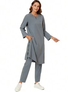 cimmuovere 阿拉伯风格长袍/卡夫坦/卡夫坦/库尔塔，宽松圆领落肩上衣，带蕾丝花边和松紧腰带裤子，4 口袋/护理/牙科/医疗保健/宠物医院手术制服 - 灰色 - 查看 4