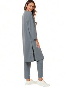 cimmuovere 阿拉伯风格长袍/卡夫坦/卡夫坦/库尔塔，宽松圆领落肩上衣，带蕾丝花边和松紧腰带裤子，4 口袋/护理/牙科/医疗保健/宠物医院手术制服 - 灰色 - 查看 2