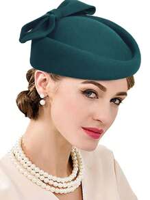 HIMESPORT 女士羊毛毡礼帽，小圆帽，教堂帽，婚礼新娘鸡尾酒会茶会礼服德比帽，带蝴蝶结 - 純色 - 查看 15