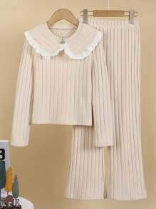 2 Pieces Spring 2025 New Arrival Mid-Large Tween Girl Casual Solid Striped Long Sleeve Top & Straight Pants Set - Apricot - View 1