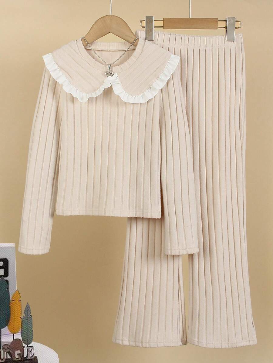 2 Pieces Spring 2025 New Arrival Mid-Large Tween Girl Casual Solid Striped Long Sleeve Top & Straight Pants Set - Apricot - View 1