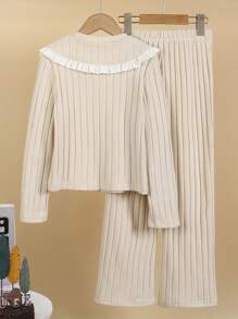 2 Pieces Spring 2025 New Arrival Mid-Large Tween Girl Casual Solid Striped Long Sleeve Top & Straight Pants Set - Apricot - View 7