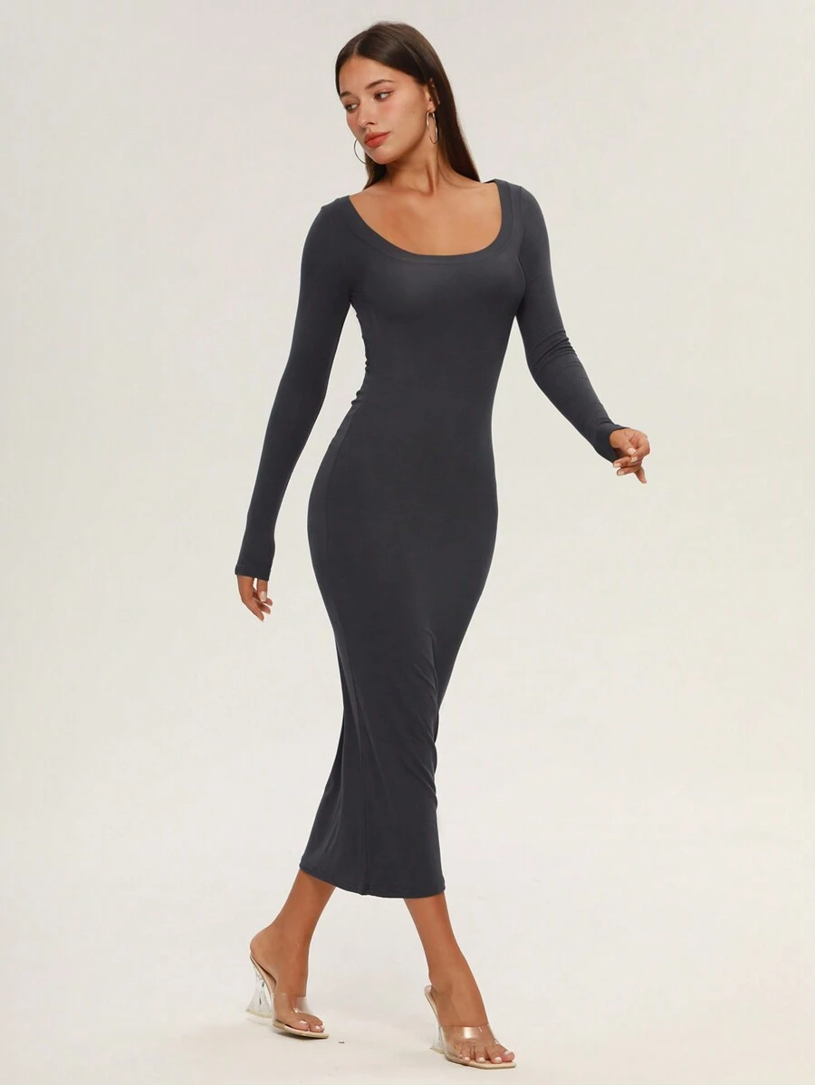 Sexy VNeck Long Sleeve Dress, 2025 New Stretchy Slim Fit Solid Color