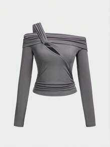 1 件女式性感露肩不对称镂空长袖衬衫上衣，修身时尚短款上衣