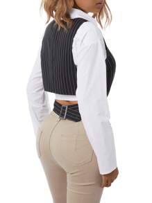 Female Waistcoat, Solid Color/ Striped V-Neck Sleeveless Tops Blouse Vest For Summer, S/M/L/XL/XXL - Khaki - View 6