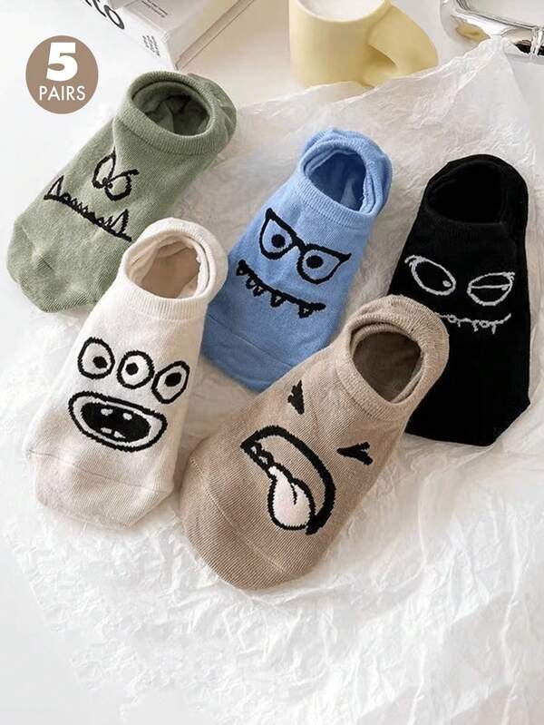 5 Paar/Packung Cartoon Muster Damen Knöchelsocken, leicht und atmungsaktiv unsichtbare Low-Cut niedliche Socken, lustige Socken, Großmaul Socken, Monster Socken, Bootsocken, geeignet für Frühling, Sommer, Herbst, Winter, geeignet für den täglichen Gebrauch, ein tolles Geschenk, Valentinstag Geschenk, Halloween Geschenk, Halloween Dekoration, Weihnachten, Schulanfang, Reisezeit