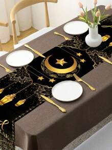 1pc Black Gold Eid Mubarak Table Runner, 35*180cm Polyester Moon Lantern Design Ramadan Table Runner For Ramadan Decor Home Kitchen Table Decor, Eid Al-Fitr Celebration Accessory - Multicolor - View 7