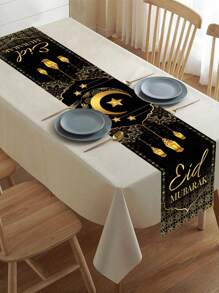 1pc Black Gold Eid Mubarak Table Runner, 35*180cm Polyester Moon Lantern Design Ramadan Table Runner For Ramadan Decor Home Kitchen Table Decor, Eid Al-Fitr Celebration Accessory - Multicolor - View 4
