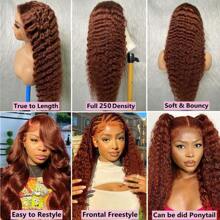 New Year Festival, Christmas Day  Activities Beauty Full Density Ends 250 Density We Promise 100% Raw Human Hair,  13*6 Lace Wigs Reddish Brown Ginger Color  Ultra-Thin HD Transparent  Lace Front Wigs Upgraded Tiny Knots Real Pre Bleached 26 Inch Copper Red Deep Wave Frontal Wig 13x6 Full Lace Curly Wigs Human Hair Wedding Party Christmas Mother's Day Valentine's Day Daily Use - Reddish Brown - 查看 8