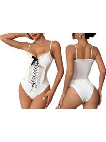 Women's Y2K Lace Trim Sheer Mesh Cute Bow Sexy V-Neck Lace Up Spaghetti Strap Bodysuit Sleeveless Going Out Cami Tops
