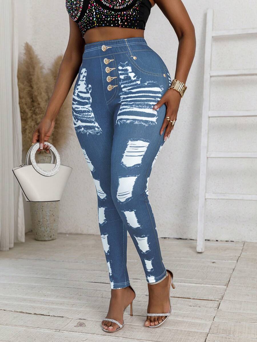 Plus Size Skinny Jeans Printed Distressed Washed Pattern High Stretch Casual Long Pants For Women - Royal Blue - View 1