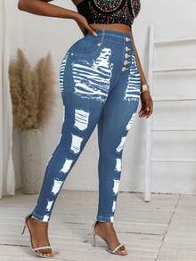 Plus Size Skinny Jeans Printed Distressed Washed Pattern High Stretch Casual Long Pants For Women - Royal Blue - View 3