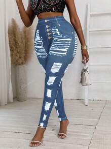 Plus Size Skinny Jeans Printed Distressed Washed Pattern High Stretch Casual Long Pants For Women