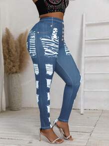 Plus Size Skinny Jeans Printed Distressed Washed Pattern High Stretch Casual Long Pants For Women