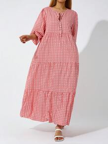 Women Plus Size Geometric Print Long Dress, V-Neck Puff Long Sleeve Loose Fashion Dress For Spring, Summer L/XL/2XL