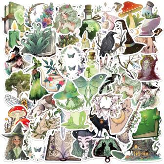 50PCS Green Witch Stickers Vinyl Aesthetics Stickers For Scrapbooking, Diary, Laptop, Bumper, Skateboard, Water Bottle, Computer, Phone, Cartoon, Hard Hat, Car Stickers And Decals Back To School