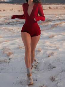 Plus Size Women Sexy Button Detailed Ribbed Jumpsuit, Long Sleeve, Slim Fit, Suitable For Spring And Autumn - Burgundy - View 4