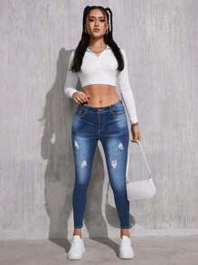 High Waisted Skinny Denim Pants With Pockets -ZANA - Blue - View 2