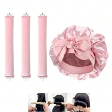 Juego de 4 piezas para el cuidado del cabello rizado: 1 gorro de satén ajustable con cordón - apto para mujeres y hombres, protege el cabello contra el encrespamiento y la rotura; 3 rizadores de cabello sin calor, palitos de peinado DIY aptos para todo tipo de cabello