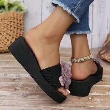Sandalias deslizantes con diseño floral para mujer - Suela de 2" de grosor, punta abierta, antideslizante, zapatos de verano con diseño de cordones - Morado - Ver 4
