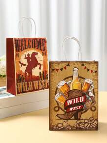 4 件装狂野西部牛仔主题派对礼品牛皮纸袋（带手柄）、狂野西部生日派对礼品包装袋、感谢纸袋、狂野西部派对桌面装饰用品、牛皮纸包装袋、便携式手提零售购物袋、狂野西部生日派对礼品、DIY 礼品包装 - 西部牛仔 - 查看 5