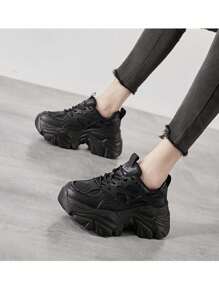 Zapatos tenis de tacón alto de moda para mujer, tenis simples con cordones, zapatillas deportivas para mujer, zapatillas cómodas y de moda con plataforma, zapatillas deportivas con cuña para mujer, zapatillas deportivas con cuña para mujer, zapatillas deportivas de tacón alto a la moda, calzado cómodo y casual, zapatos deportivos con cuña para mujer, zapatillas deportivas para mujer Zapatillas de deporte de suela gruesa, cómodas y de moda, zapatillas de deporte para mujer al aire libre, zapatillas de deporte casuales, zapatos de moda ligeros, transpirables, antideslizantes, de suela gruesa, adecuados para correr intensamente, zapatillas de cuña, zapatos casuales cómodos - Negro - Ver 5