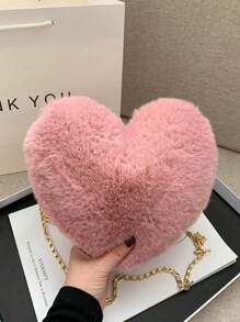 情人节特惠：心形毛绒单肩包，配有链条斜挎包和可爱拉链钱包！心形毛绒链条包，时尚链条斜挎包，情人节可爱拉链钱包，新款毛绒钱包，送给她的完美情人节礼物，最佳情人节礼物之选，时尚心形钱包，完美搭配情人节礼服，新款女士毛绒包 - 藕粉色 - 查看 6