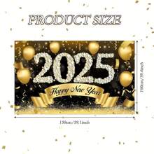 Happy New Year 2025 Banner, Party Background, 3D Sparkling Golden Balloons, Festive Wall Decoration On New Year's Eve, Multifunctional For Home, Kitchen, Entrance, Room Decoration, No Need For Power Supply