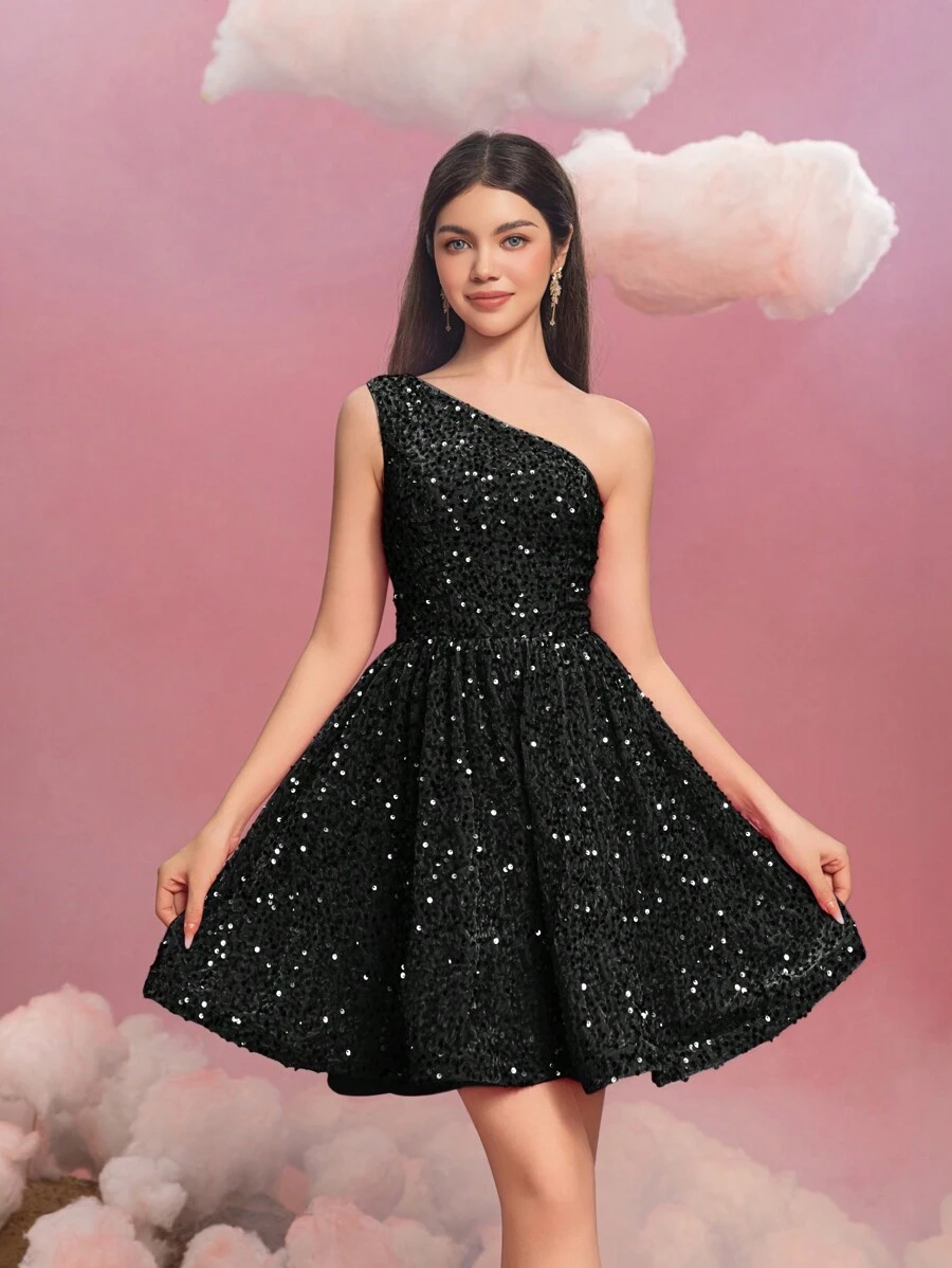 Teen Girls' Elegant One-Shoulder Sequin A-Line Graduation Dress - Sparkling Party Dress For Birthday, Pageants, Graduation Galas, And Award Ceremonies