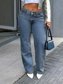 New Arrival American Street Style Loose Straight-Leg Casual Denim Pants For Women - Versatile And Easy To Pair - 深色水洗藍 - 查看 2