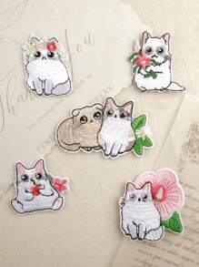 paquete de 5 parches de bordado DIY con estampado floral y de gato, adorables apliques de estilo de dibujos animados de poliéster para planchar o coser en ropa, bolsas, zapatos, sombreros, decoración del hogar