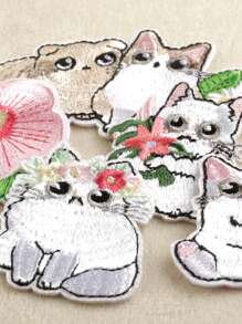 paquete de 5 parches de bordado DIY con estampado floral y de gato, adorables apliques de estilo de dibujos animados de poliéster para planchar o coser en ropa, bolsas, zapatos, sombreros, decoración del hogar
