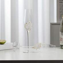 优雅的仿珍珠装饰香槟杯 - 无铅玻璃，蚀刻图案，带柄，隔热，可重复使用，可手洗 - 非常适合家庭烘烤和冷藏饮料、情人节礼物、派对、生日装饰、户外、露营、父亲礼物