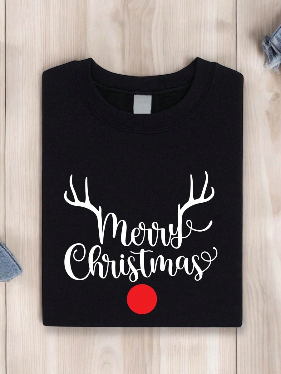 Merry Christmas Reindeer T-Shirt, Matching Family Christmas Party Shirt, Xmas Rudolph Reindeer Red Nose Tee, Winter Xmas Season T-Shirts, Christmas Vibes Tees TX-197 - 黑色 - 查看 1