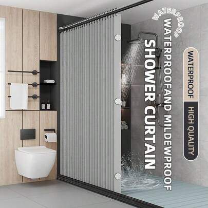 1pc Premium Easy Folding Shower Curtain, Thickened Fabric, Waterproof & Mildew Resistant, With Hooks, Easy Installation, Foldable, Magnetic & Hanging Strap, Convenient Storage, Suitable For Hotel, Home Bathroom, Shower Room, Home Decor, Autumn Decor, Bathroom Accessories, Back To School
