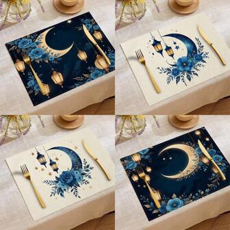 1 件/4 件/6 件春季斋月装饰餐垫，灯笼月亮星星植物花卉亚麻餐垫，耐污餐垫，适用于家庭用餐、餐厅、桌面装饰、家居饰品