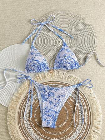 Women's Floral Print Halter Tie Bikini Set, Vacation