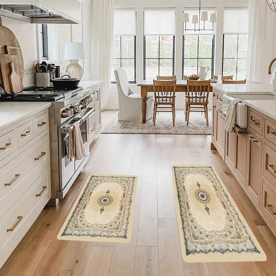 1/2 件波西米亚主题厨房地毯套装 - 金色条纹、花卉图案、防滑、可机洗、柔软涤纶，适用于浴室、走廊、床边 - 完美的家居装饰和礼物 - 彩色 - 查看 1