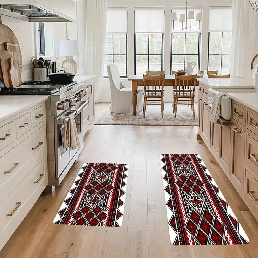 Bộ 1/2 tấm thảm nhà bếp Bohemian, thảm họa tiết hình học màu đỏ và trắng, thảm sàn chống trượt nhẹ có thể giặt bằng máy, thích hợp cho nhà bếp, phòng khách, trang trí phòng học, trang trí nhà cửa, quà tặng gia đình - Nhiều màu - Xem 1