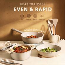 Carote Juego de 12 piezas de ollas y sartenes antiadherentes, Batería de cocina antiadherente, Ollas de cocina de granito, Topo - Blanco - Ver 5