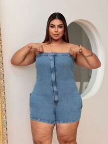 PLUS SIZE STRAP-OFF JEANS OVERALL FOR WOMEN - Rửa trung bình - Xem 4