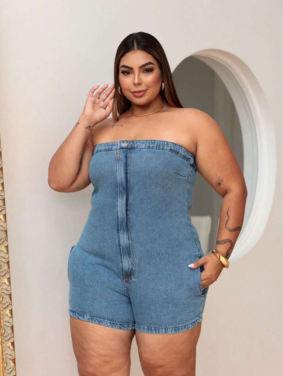 PLUS SIZE STRAP-OFF JEANS OVERALL FOR WOMEN - Rửa trung bình - Xem 1