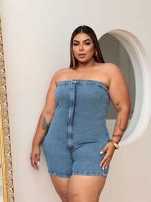PLUS SIZE STRAP-OFF JEANS OVERALL FOR WOMEN - Rửa trung bình - Xem 3