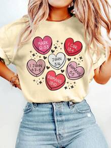 Christian Valentine's Day Coffee Print T-Shirt, Short Sleeve Crew Neck Casual Top For Summer & Spring, Women's Clothing - Màu be - Xem 1