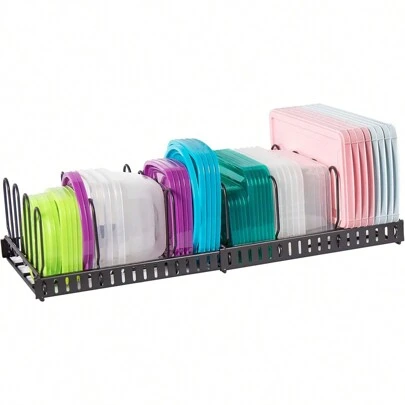Expandable Food Container Lid Organizer,Large Capacity Adjustable 8 Dividers Detachable Lid Organizer Rack For Cabinets, Cupboards, Pantry Shelves, Drawers Keep Kitchen Tidy,Black 10.2"Wide,3.6 Pound.