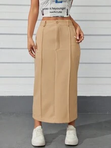 Modern High Waist Women's Maxi Skirt - màu nâu - Xem 3